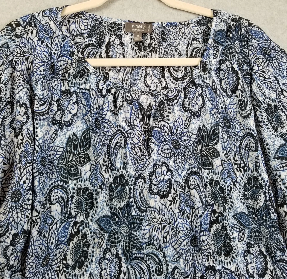 ninety clothing co Babydoll Top Women’s 1X Plus Blue White Paisley ¾ Bell Sleeve - Image 2 of 4