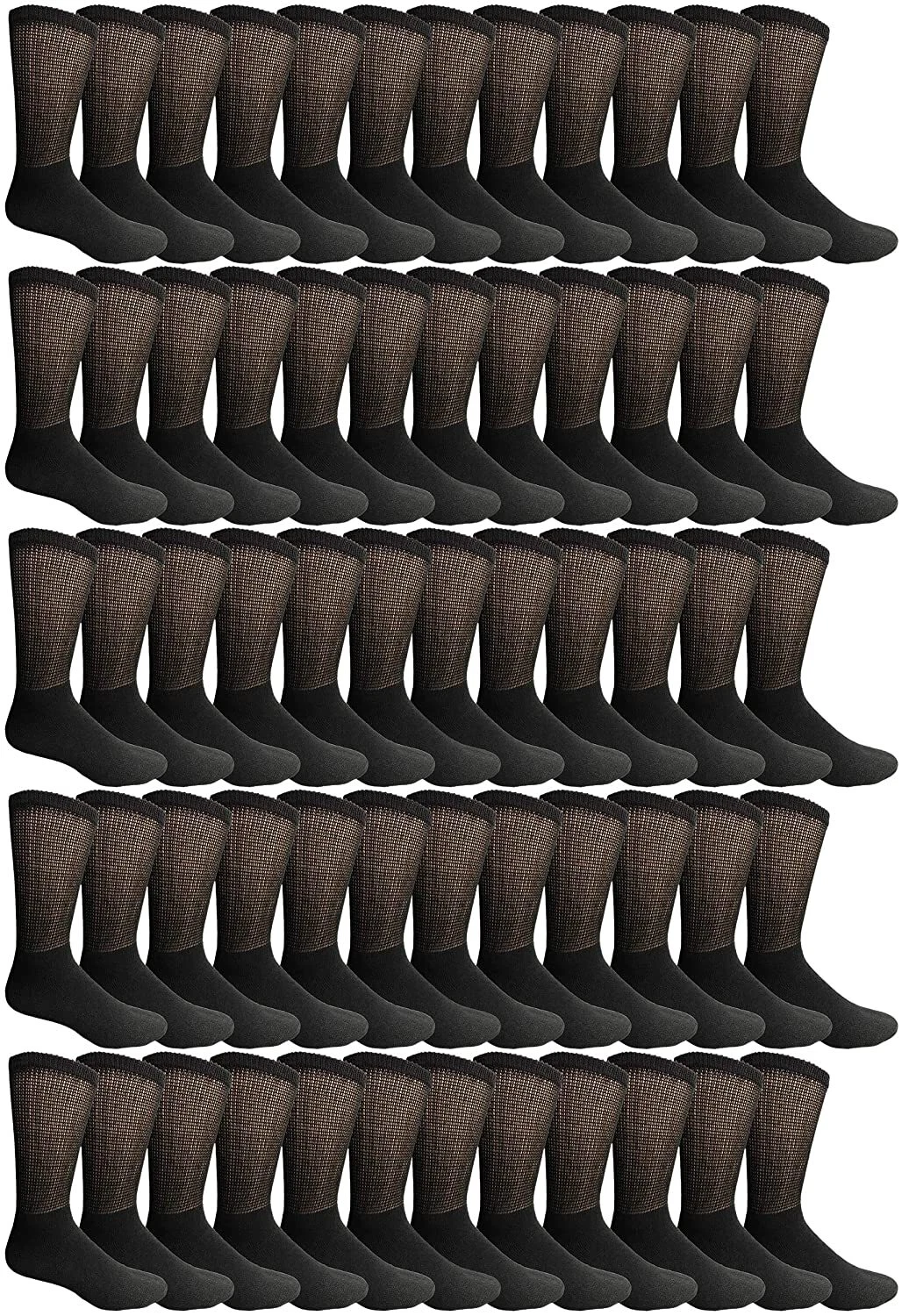60 PK Men's Loose Fit Non-Binding Soft Cotton Diabetic Crew Socks 10-13 Black