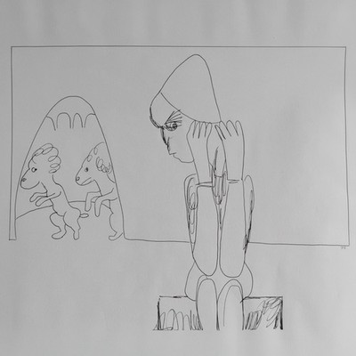 Orig Surreal Abstrakt FK Owen Black Ink Monochrome Strichzeichnung Figur Mann Hund