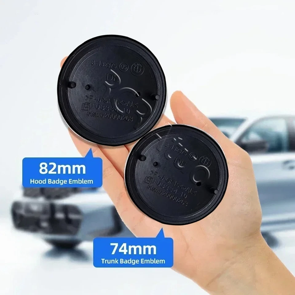 2Pcs Front Hood 82mm & Rear Trunk 74mm Emblems Black 51148132375 For B-M-W Badge - Image 3 of 4