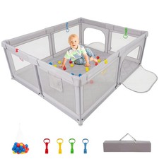 Large Baby Playpen with Mat, Pull Rings, Ocean Balls, Mesh Wall, Zippered Doors