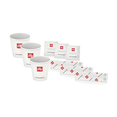 Satz Einweg 200 Kaffee Coffee Break, Gläser Farbpalette Beutel Zucker Logo Illy
