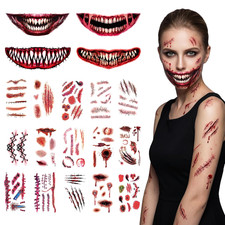 130 PCS Zombie SFX Temporary Tattoos Kit with 4 Large 3D Fake Mouth Scars   Wate