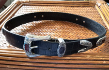 VTG Brighton Belt BLACK LEATHER Gator Croc MEDIUM Silver Medallion w/Brown Inlay