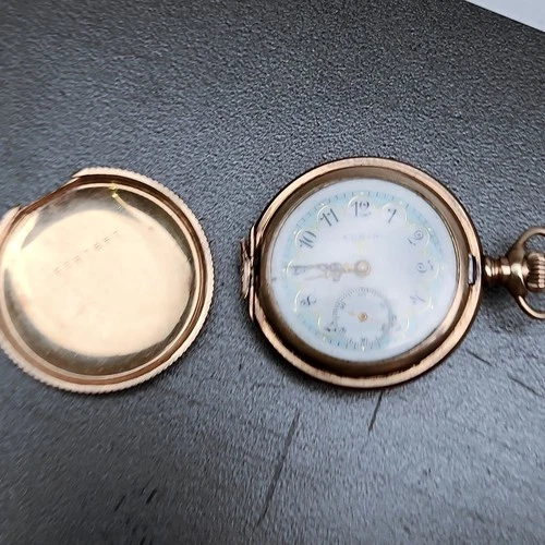 ELGIN 1904 Gr 267 Hunter Pocket Watch RUNS Antique Fancy Dial Broken Case⌚