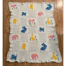 Vintage Hand Crochet Baby Blanket Animal Patchwork White Pink Blue Yellow 42x32