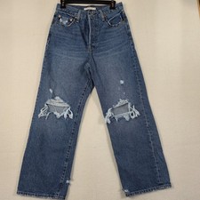 Levi's Ribcage Straight Ankle Jeans Womens 29 Blue Denim Distressed Button Fly