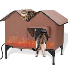 Large Heated Cat House for Outside in Winter, Elevated L-Heated-01, Brown