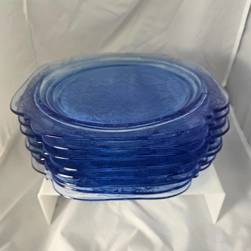 MINTY Vintage Federal Glass Madrid Blue 10" Dinner Plate Set Of 8 Lot
