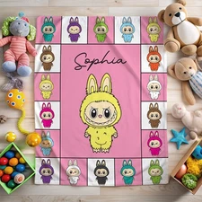 Personalized Labubu Blanket, Cozy Throw for Kids Room,Pink Nursery Gift for Girl