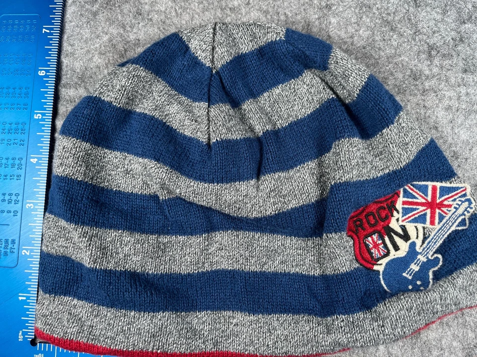 Gymboree Beanie Toque Youth 5-7 Blue Gray Stripe Knit Cotton Rock On Union Jack - Image 3 of 4