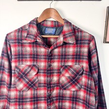 Vintage Pendleton Loop Collar Wool Flannel Shirt Checkered Plaid Red - Medium 