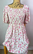 Universal Thread Women's Floral Pink White Puff Sleeve Smocked Peasant Dress S