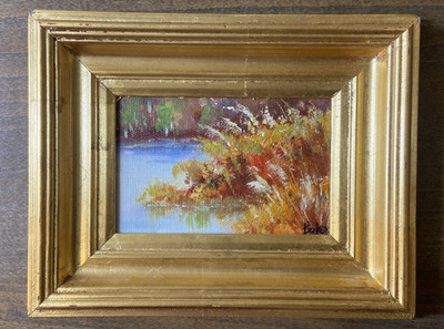 Original Framed Art Gold Wood Signed Baker Landscape Cottage Wall Art 9 1/2 x 8''