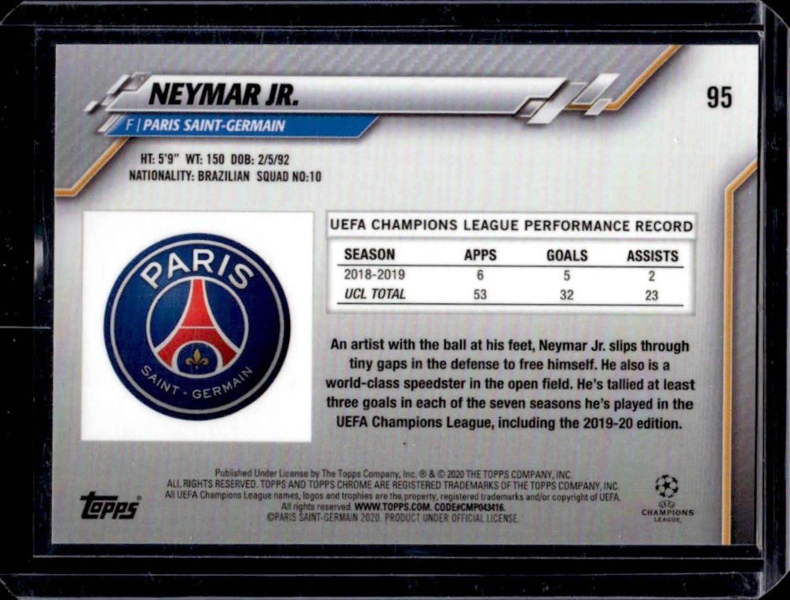 2019 Topps Chrome Sapphire UEFA Neymar Jr. #95 PSG view 2