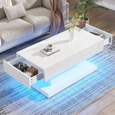 Rectangular Coffee Table High Gloss White with LED Lighting & Drawers Storage