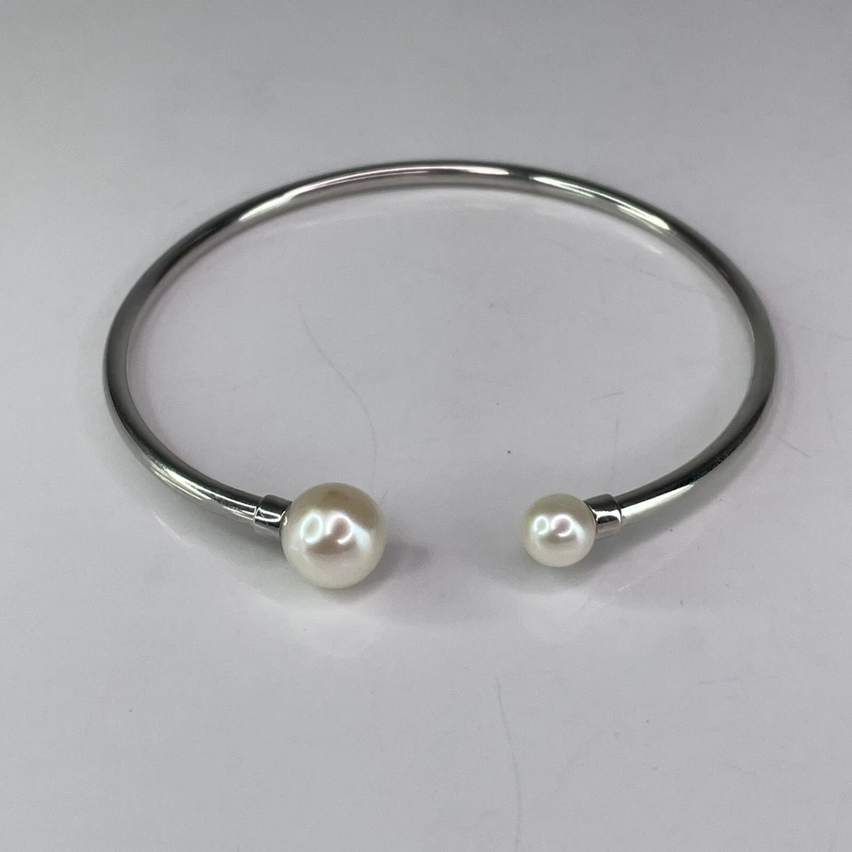 Natural Pearl Minimalistic Bangle Bracelet 925 Sterling Silver London Hallmark - Image 4 of 4