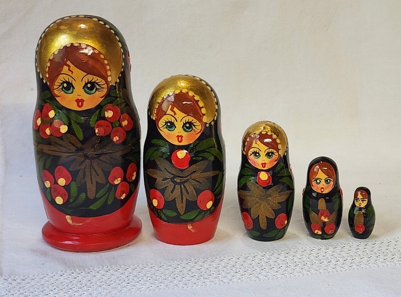 VTG Gold Russian Matryoshka Babushka Nesting Dolls Wooden Hand Painted GORGEOUS