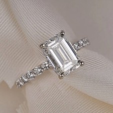 2.56Ctw Emerald Cut Moissanite Hidden Halo Engagement Ring 14k White Gold Plated