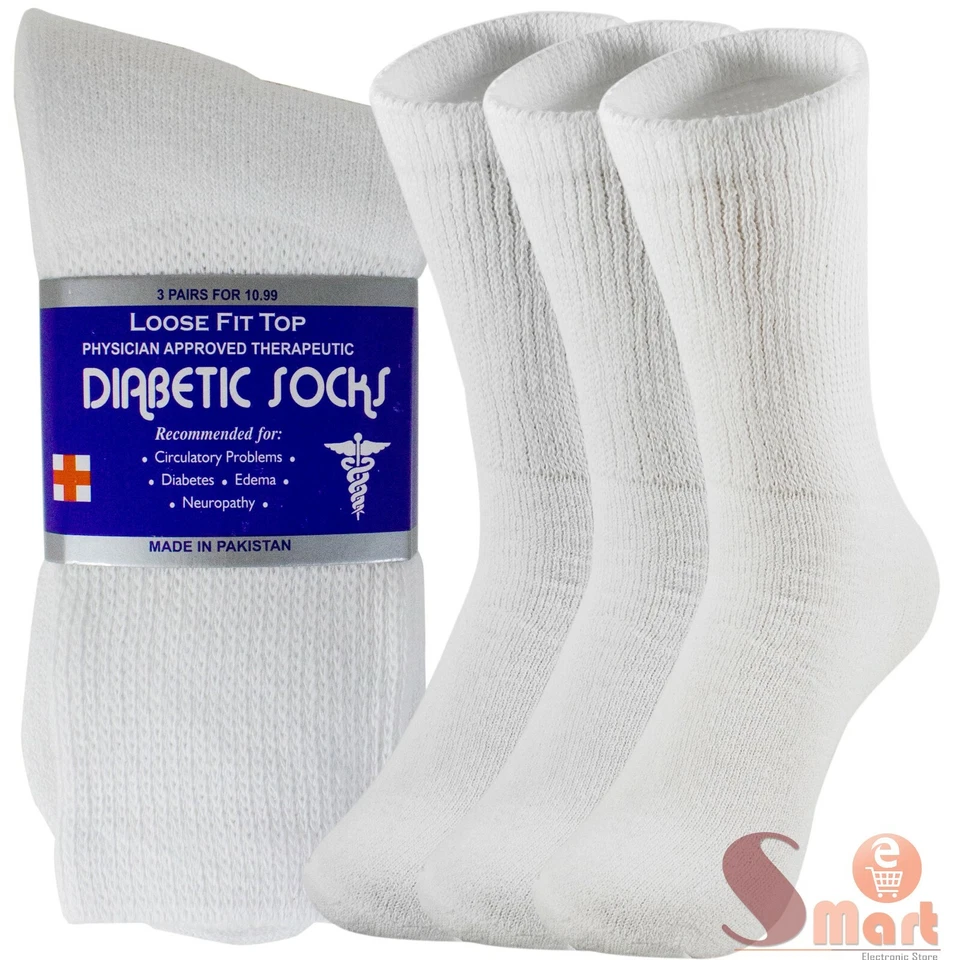 3-12 Pairs Health Circulatory Crew Cotton Diabetic Socks White 9-11 10-13 13-15 - Image 2 of 4