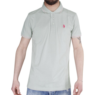 Men's Cotton Sports Polo Shirt Striped Short Sleeves Buttons Gray