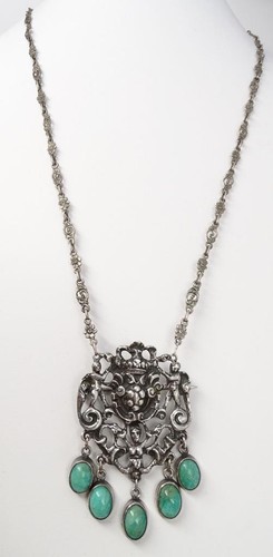Antique Peruzzi 800 Silver Cherub Dbl Tailed Mermaid Shield Chrysoprase Necklace - Picture 2 of 5