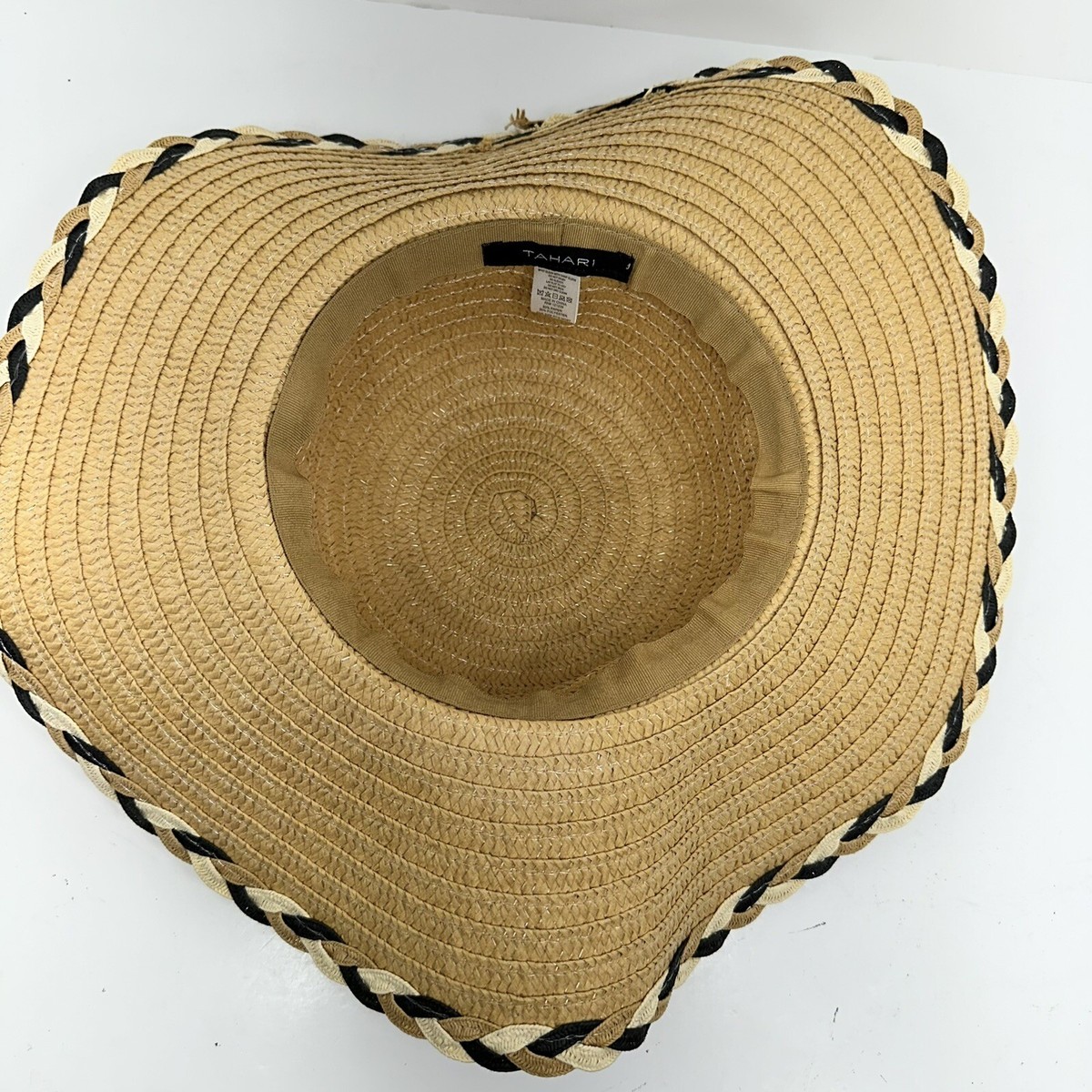Tahari Two Tone Tan Braided Trim Paper Floppy Wide Brim 