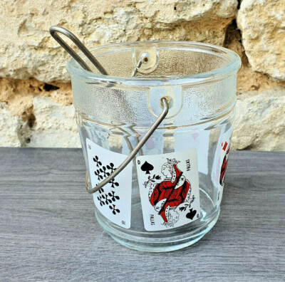 Seau à Glaçons Vintage En Verre Transparent Décoré De Cartes : Roi, As, Dame, Pique, Coeur