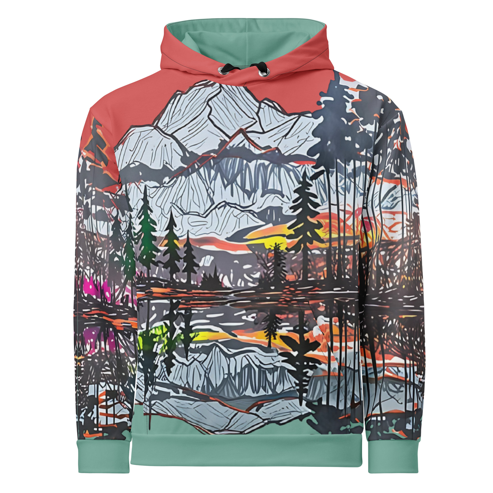 Mountain Sketch Hoodie Adult All-Over Print Sunset Design Pullover