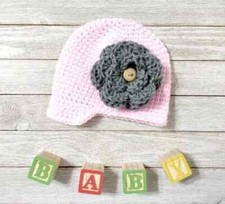 handmade crochet baby hat flower preemie newsboy beanie brim 5-6lb pink gray new