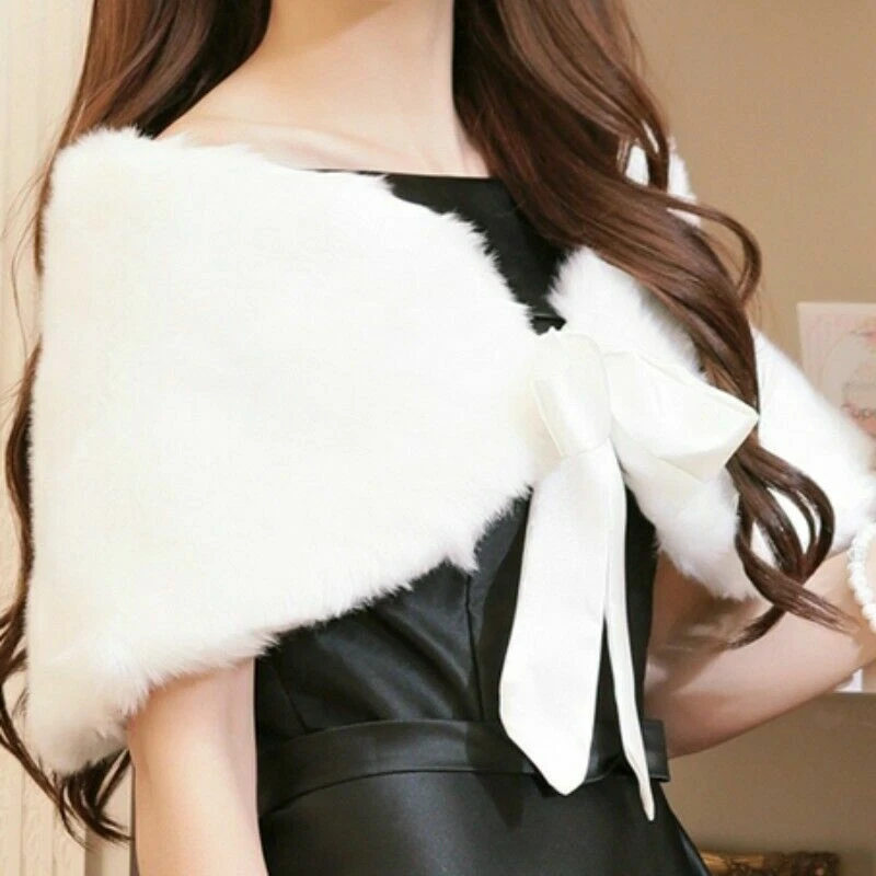 Dama Bolero Encogido de hombros Capa Mantón Envolvente Estola Piel Sintética Esponjoso Peludo Novia Boda Top Foto 4 de 4