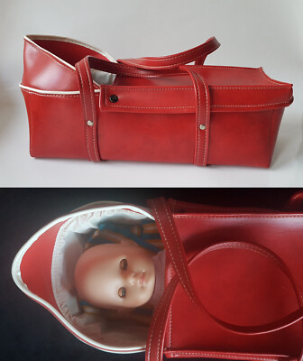 Rote Vintage Puppen Tragetasche mit Kissen ca. 29cm lang 12cm breit + ZAPF PUPPE