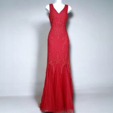 Cachet Red Illusion Embroidered Lace Mermaid Evening Dress Long Gown sz 4 V-Neck