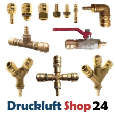 Druckluft Kupplung Stecker Nippel Verteiler Y+T 2 3 fach Absperrhahn Winkel