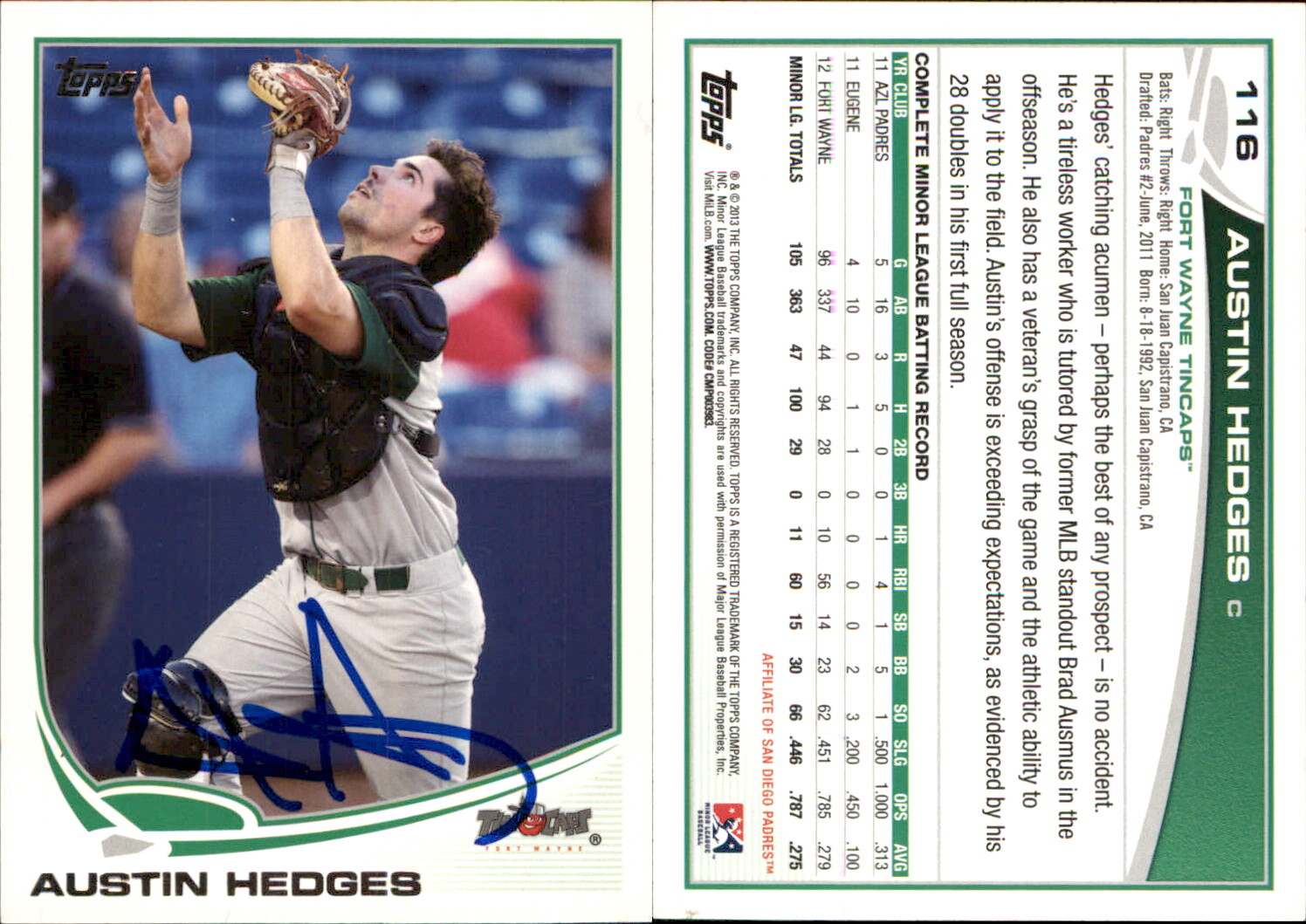 Austin Hedges Signed 2013 Topps Pro Debut 116 Card Fort Wayne TinCaps