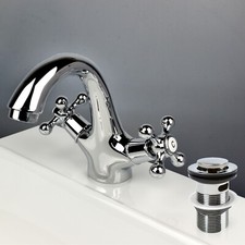 Bathroom Basin Mixer Tap + Slotted/Unslotted Waste - Chrome Classic Dual Handles