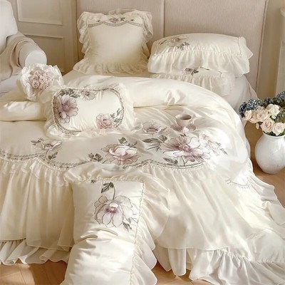 2024 Princess Chiffon Lace Bedding Set Luxury 1400TC Egyptian Cotton 4pcs