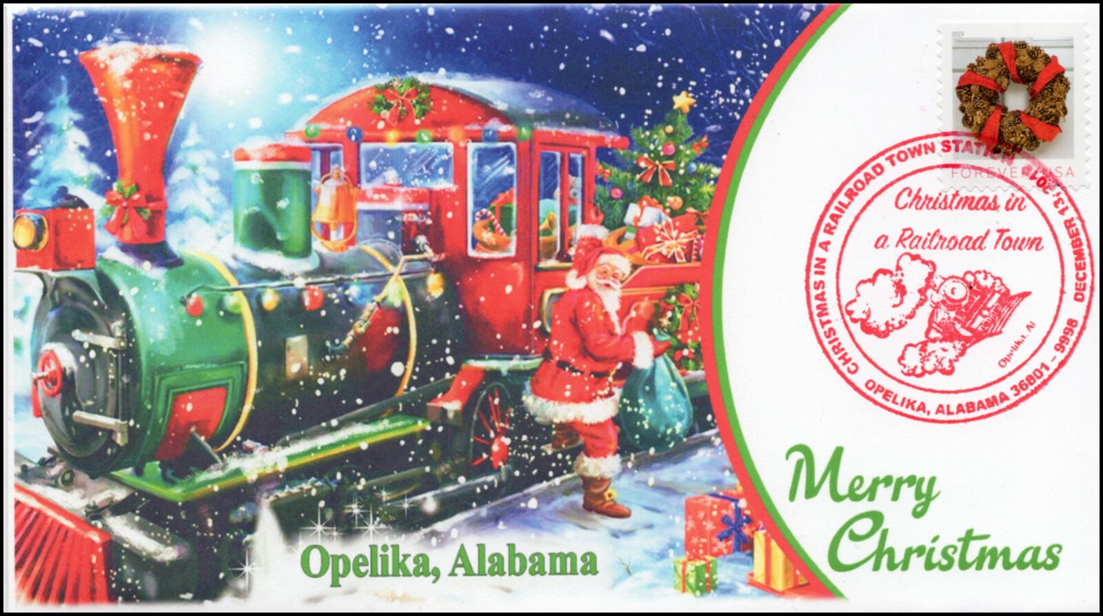 19-298, 2019, Christmas, Pictorial Postmark, Event Cover, Opelika AL, Train, San