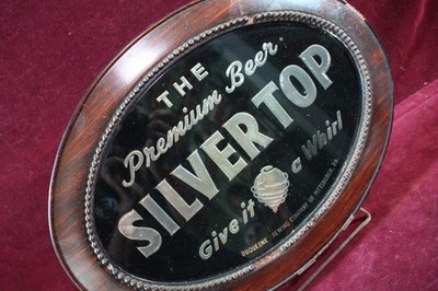 * ANTIQUE SILVER TOP BEER SIGN REVERSE PAINTED GOLD LEAF 1930'S BAR ADVERTING *
