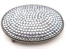 Sparkling Clear Rhinestone Covered Silver Tone Oval Belt Buckle Disco 3"