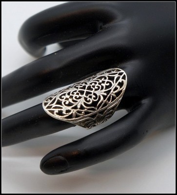 Vintage Sterling Silver Elongated Shield Ring Size-5.5 Filigree Armor Band 9.8g