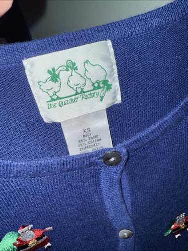 Vintage Quacker Factory XS bestickte Santa Hohoho blaue Strickjacke Perlen - Bild 3 von 3