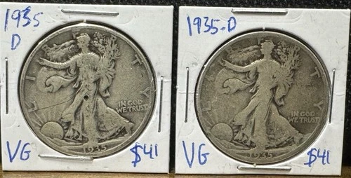 1935 D 50C Silver Walking Liberty Half Dollar VG Lot Of 2 Coins