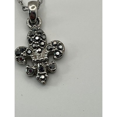 Silver Tone Black Rhinestone Fleur De Lis Pendant Necklace Gothic French Style