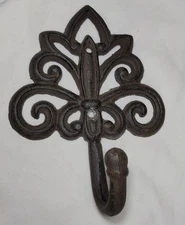 7" Cast Iron Wall Mount Hook  Architecture Salvage Farmhouse Fleur De Lis
