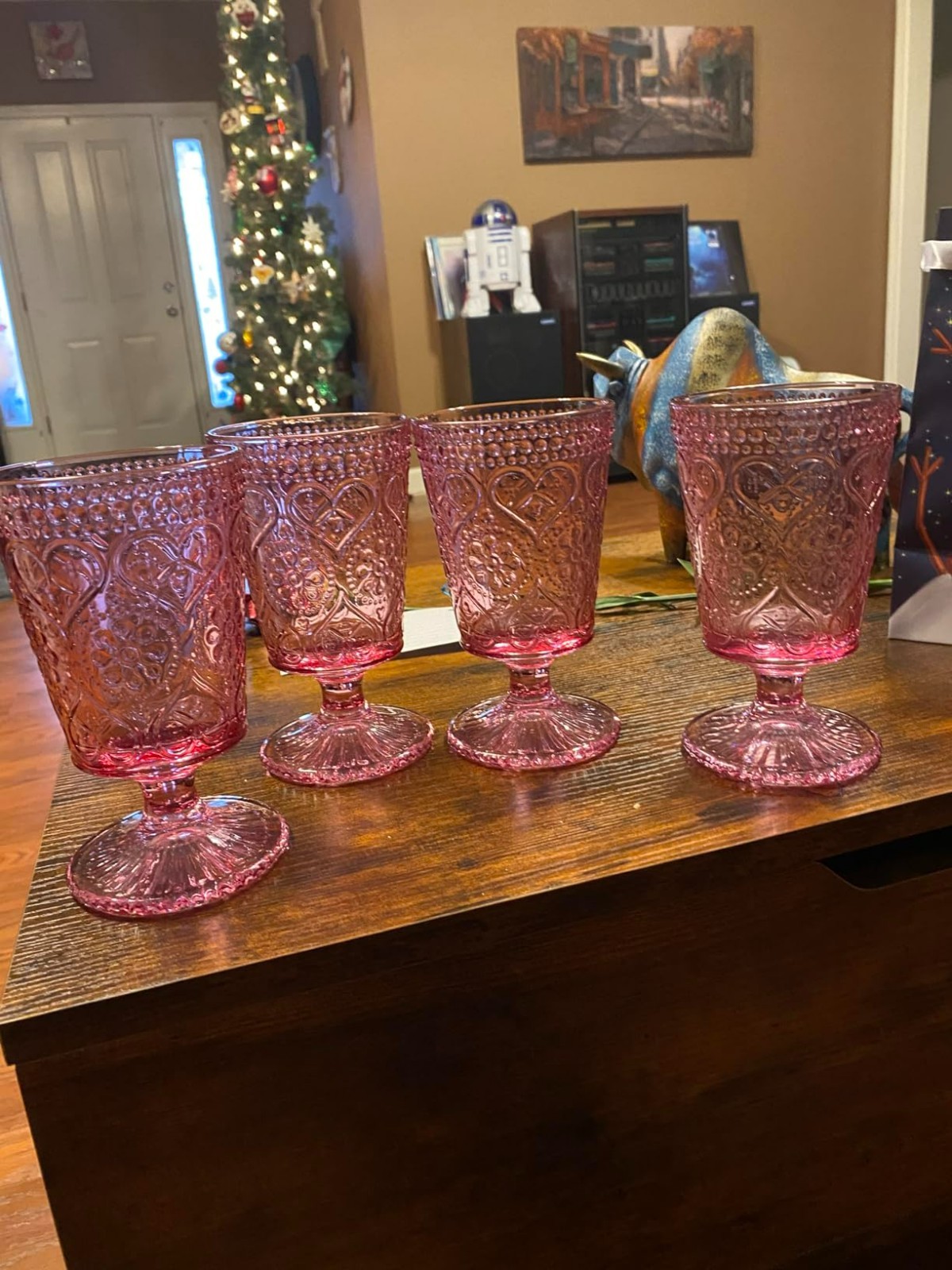 Pink Wine Glasses Set of 4, 12 OZ Colored Glass Goblet Stemmed Vintage Chalices