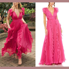 NEW IEENA Mac Duggal [ 20 ] 49539 Pleated Ruffle A Line Flowy Gown Fuchsia S1333