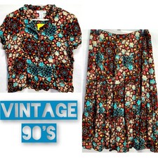 Vintage 90s Colorful Boho Set Women Medium Button Top Shirt Midi Skirt 8 10 Star