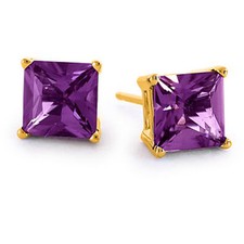 1.00 CARAT 4mm 14K SOLID YELLOW GOLD PRINCESS CUT AMETHYST STUD EARRINGS