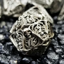 Sage's Macabre Bone Trinket Nickel Silver Hollow Metal Polyhedral Dice Set DnD
